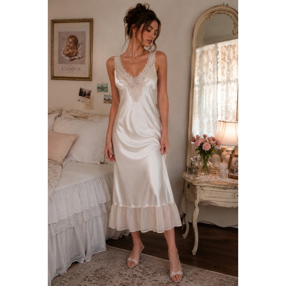 Linea Donatella Ivory Satin Lace Nightgown Maxi Slip Dress Y2K Bridal Coquette